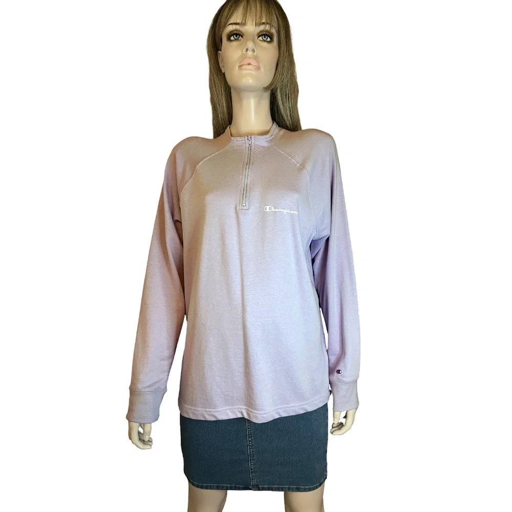 Champion Sweatshirt Top Pullover Sweater Lilac ¼ Zip Front Long Sleeve Branded - Picture 6 of 12